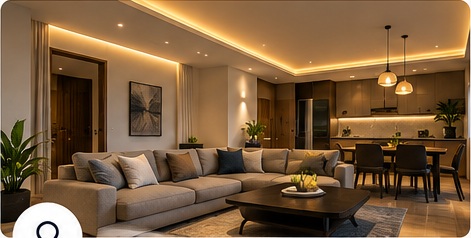Beautiful modern living room with elegant warm ceiling and ambient lighting